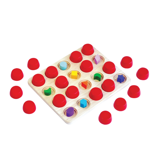 Colorful beads with caps, arranged so identical pairs are never in the same place, promoting shape recognition and memory skills.
