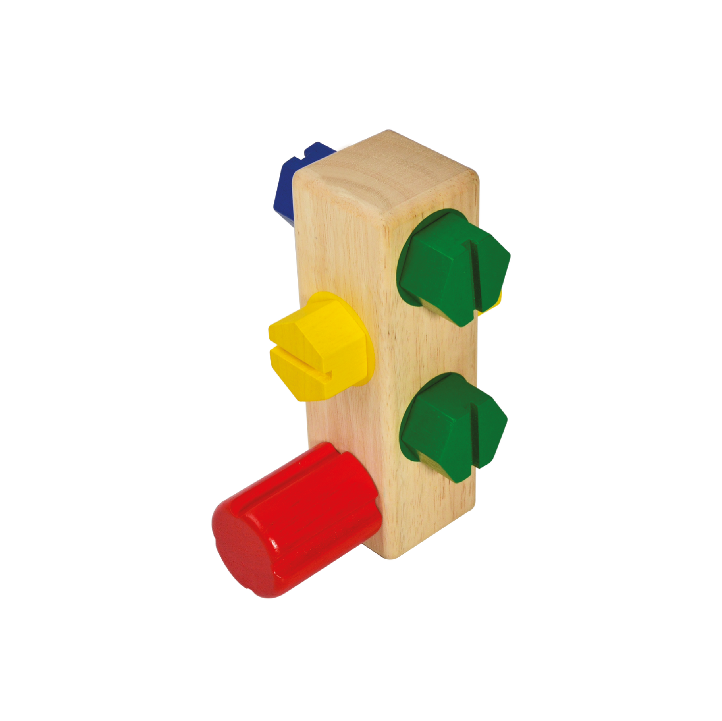 A set of wooden driving screw toys with one large screw and two smaller nuts, in blue, red, and natural wood colors.