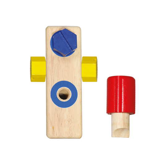 A set of wooden driving screw toys with one large screw and two smaller nuts, in blue, red, and natural wood colors.