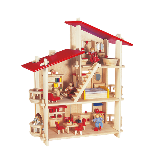 Features a curved balcony and easy assembly with wooden pegs. Comes complete with furniture and dolls for imaginative play.