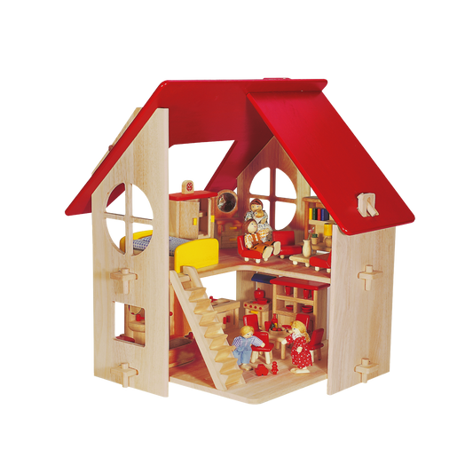 A rustic style wooden dollhouse with a red roof and circular window treatments, furnished with doll furniture.