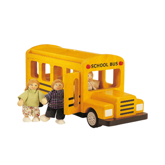 A toy school bus in yellow with the words 'SCHOOL BUS' written on the side, accompanied by three doll figures representing passengers.