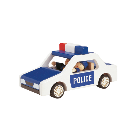 A toy police car with opening cab roof and two dolls inside, predominantly blue and white with red accents.