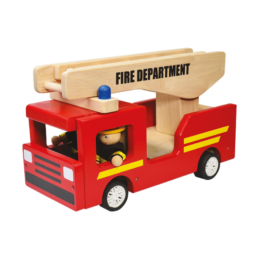 A red wooden fire truck toy with a blue light on the top, featuring a yellow ladder and black text 'FIRE DEPARTMENT', and two dolls inside.