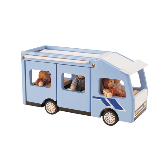A blue toy station wagon with pull-out roof, featuring figures inside and wheels at the bottom.