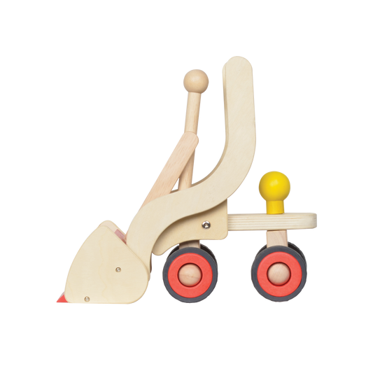 A wooden toy truck with a front loader and rubber wheels, featuring a steering wheel at the rear.