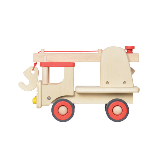 A wooden toy crane truck with red wheels and a cranking knob.