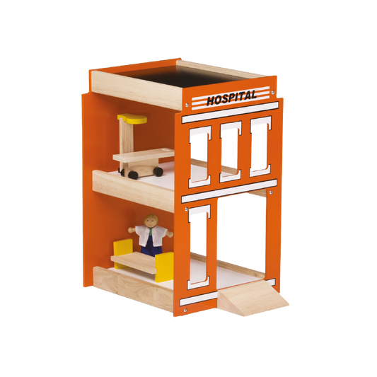 A wooden play hospital set with orange walls, featuring a ramp, furniture, and a doll.