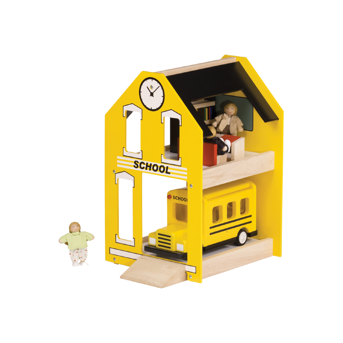 A toy school bus in yellow with the words 'SCHOOL BUS' written on the side, accompanied by three doll figures representing passengers.