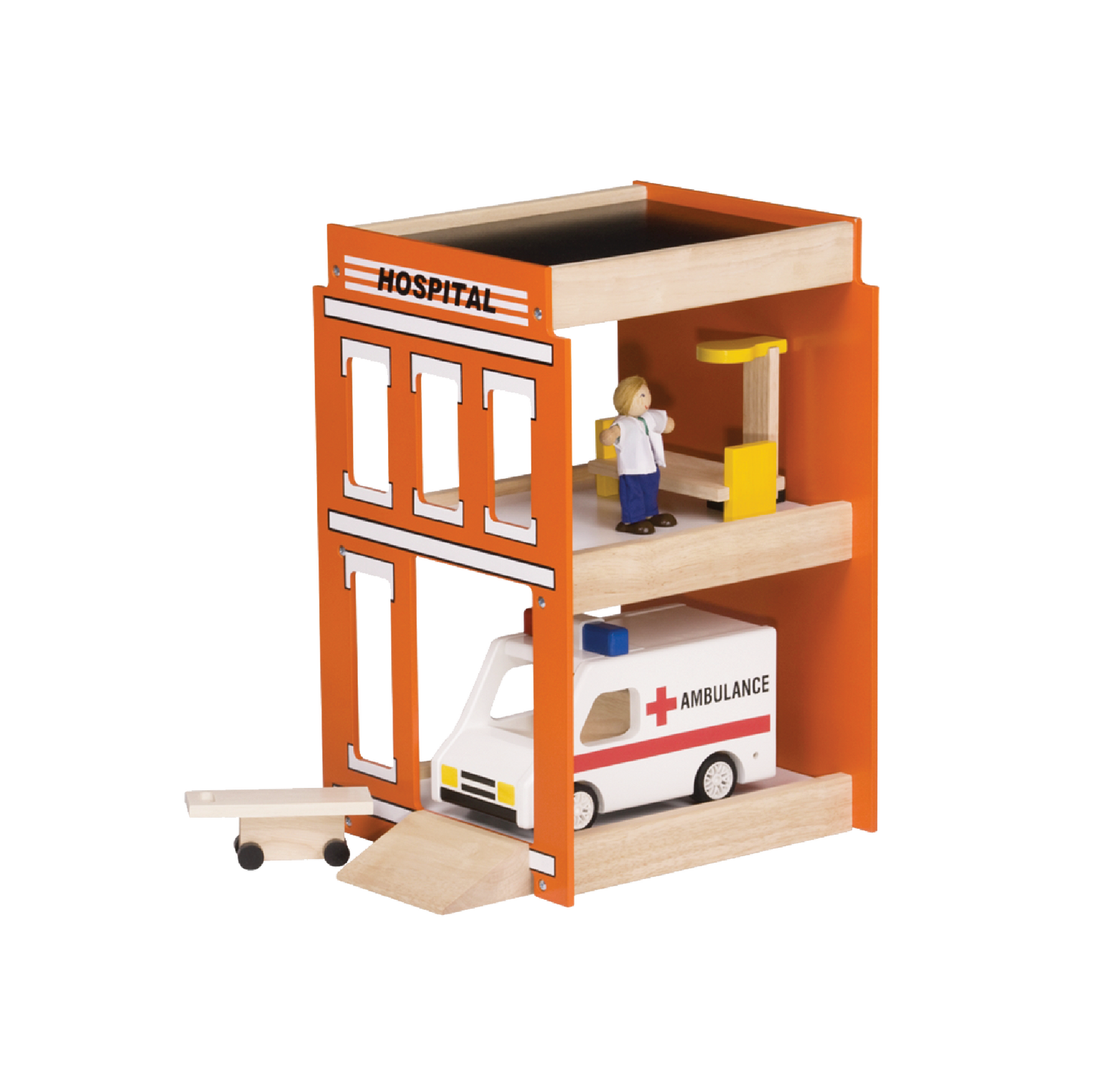 A toy ambulance with a doll inside, featuring red and white colors with the text 'AMBULANCE' on the side.