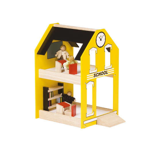 A toy school playset with two levels, furniture, and dolls. It features a yellow and black color scheme with a 'SCHOOL' sign on the front.