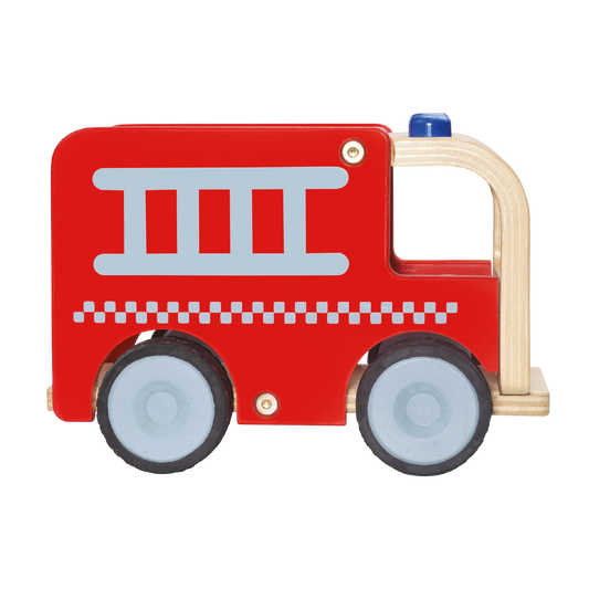 A red fire truck toy with a ladder and blue light on top, made of wood with quiet tires.