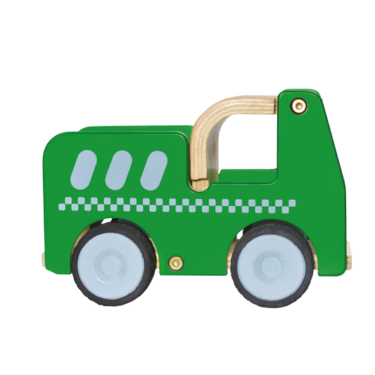 A green dump truck toy with blue wheels and a wooden handle.