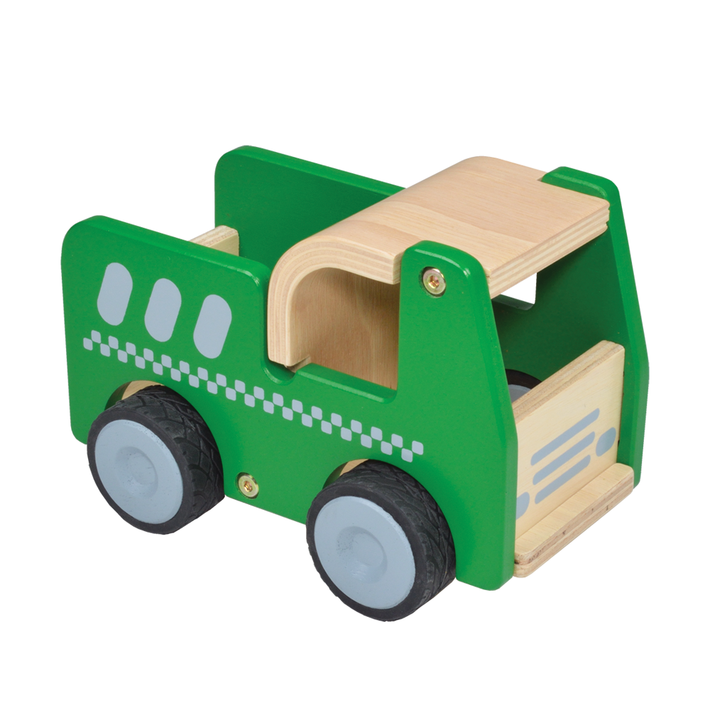 A green dump truck toy with blue wheels and a wooden handle.