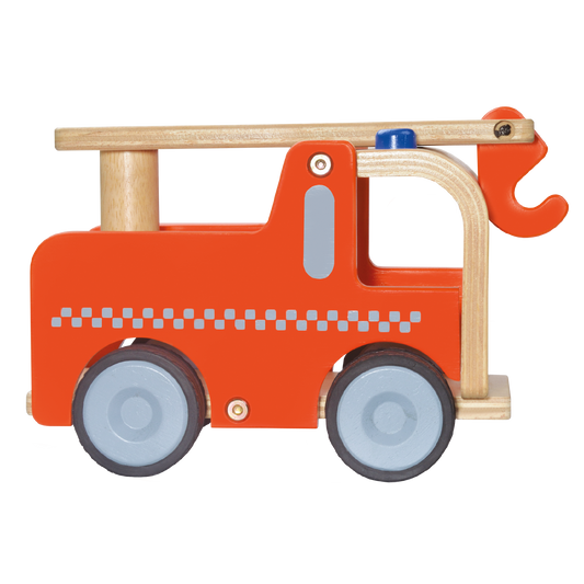 A wooden toy crane truck with red body, blue details, and gray wheels.