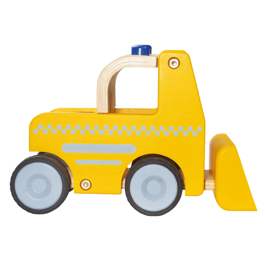 A yellow bulldozer toy with a blue and gray front loader, made of wood with quiet tyres.