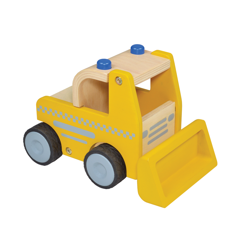 A yellow bulldozer toy with a blue and gray front loader, made of wood with quiet tyres.