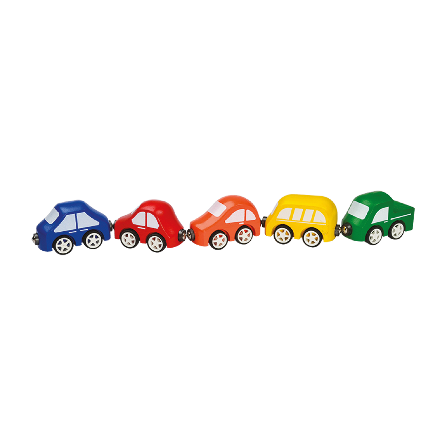 Set of 5 colorful toy cars with steel shafts and rubber wheels for smooth running. Each car connects magnetically at front and rear, promoting motor skills, creativity, and imaginative play.