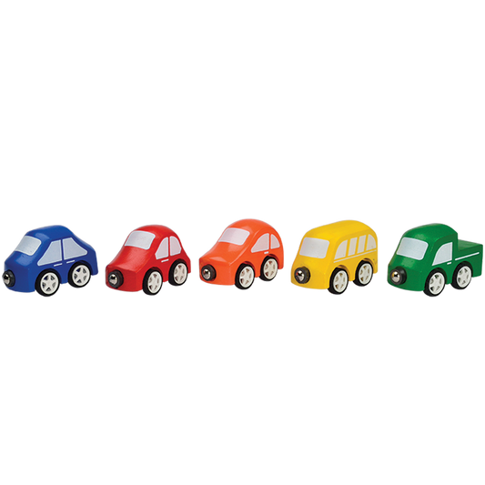 Set of 5 colorful toy cars with steel shafts and rubber wheels for smooth running. Each car connects magnetically at front and rear, promoting motor skills, creativity, and imaginative play.