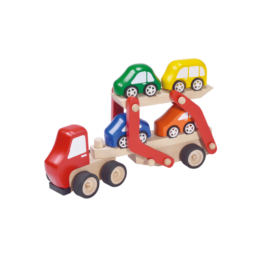 A colorful toy car carrier truck with a ramp, and four toy cars in different colors placed on the top level.