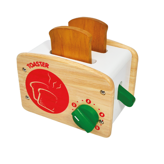 A wooden play toaster with slots for bread and a green twisty dial, designed for children.