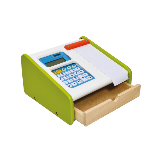 A toy cash register with a green body, white drawers, and a working solar calculator. Paper roll is partially unwound from the machine.