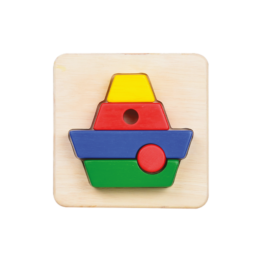 A colorful wooden boat tray puzzle with large block pieces in red, blue, green, and yellow.