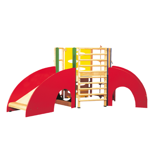 An indoor children's play gym with climbing and sliding features, predominantly red with other colors.