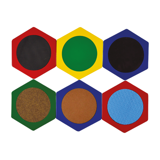 A set of colorful tactile stepping stones with different textures for children's play.