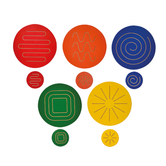 A set of colorful patterned tiles in various sizes, with grooved patterns designed for educational and play purposes.