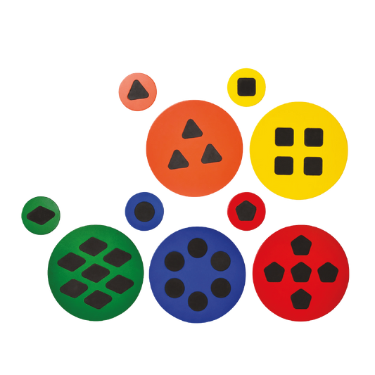 A set of colorful shape tiles in various sizes with different shapes, including circles, triangles, rectangles, and others, arranged together.