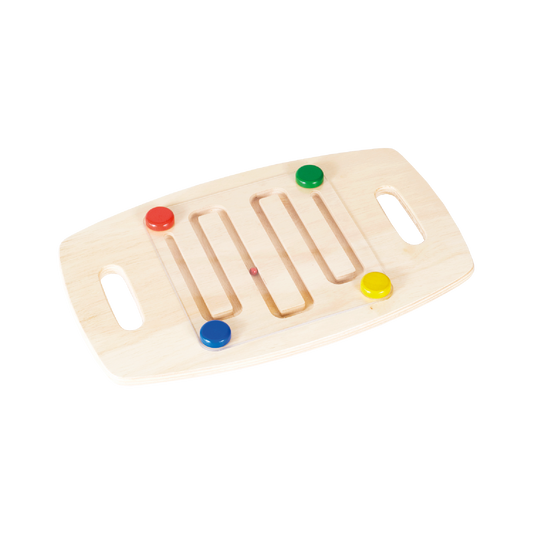 A balance board with a marble path and colorful start and end points for a children's educational toy.