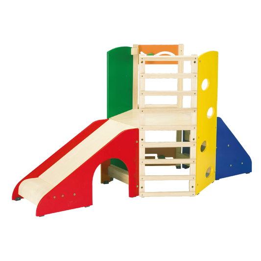 A colorful hexagonal play center with climbing steps, sliding platform, and hiding spaces underneath.