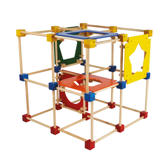 A multicolored wooden cube climber with various activity boards and hubs, designed for young children.