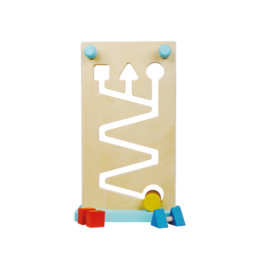 A wooden toy with geometric shapes on the top and a pathway cut out in the center, with colorful wheels at the bottom.