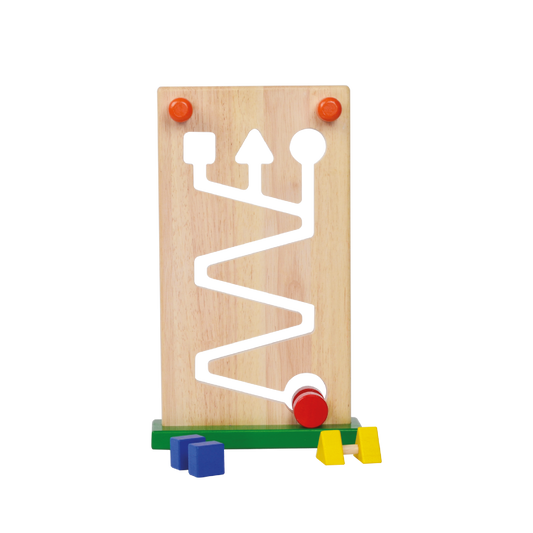 A wooden toy with a geometric pattern, featuring a track and blocks in different colors designed for sorting and path-finding play.