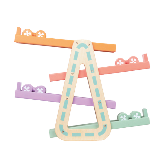 A colorful wooden racing toy set with four racing cars and a speed ramp.