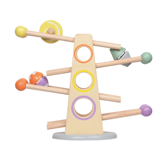 A wooden roller ramp toy with multicolored ball capsules and wheels.