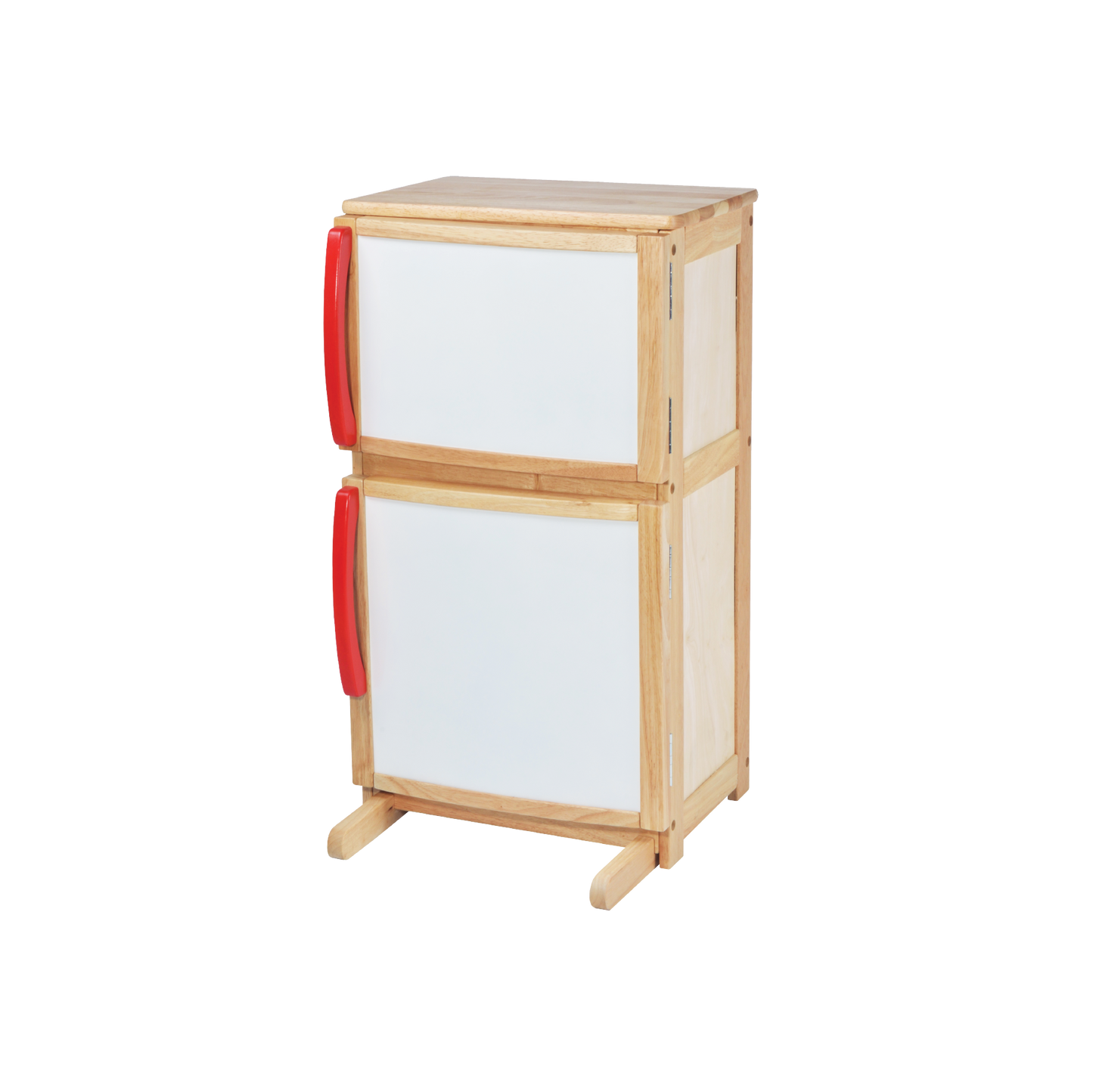 Children's toy refrigerator with magnetic dry-erase doors and wooden frame.