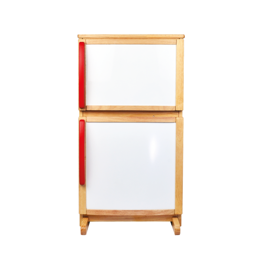 Children's toy refrigerator with magnetic dry-erase doors and wooden frame.
