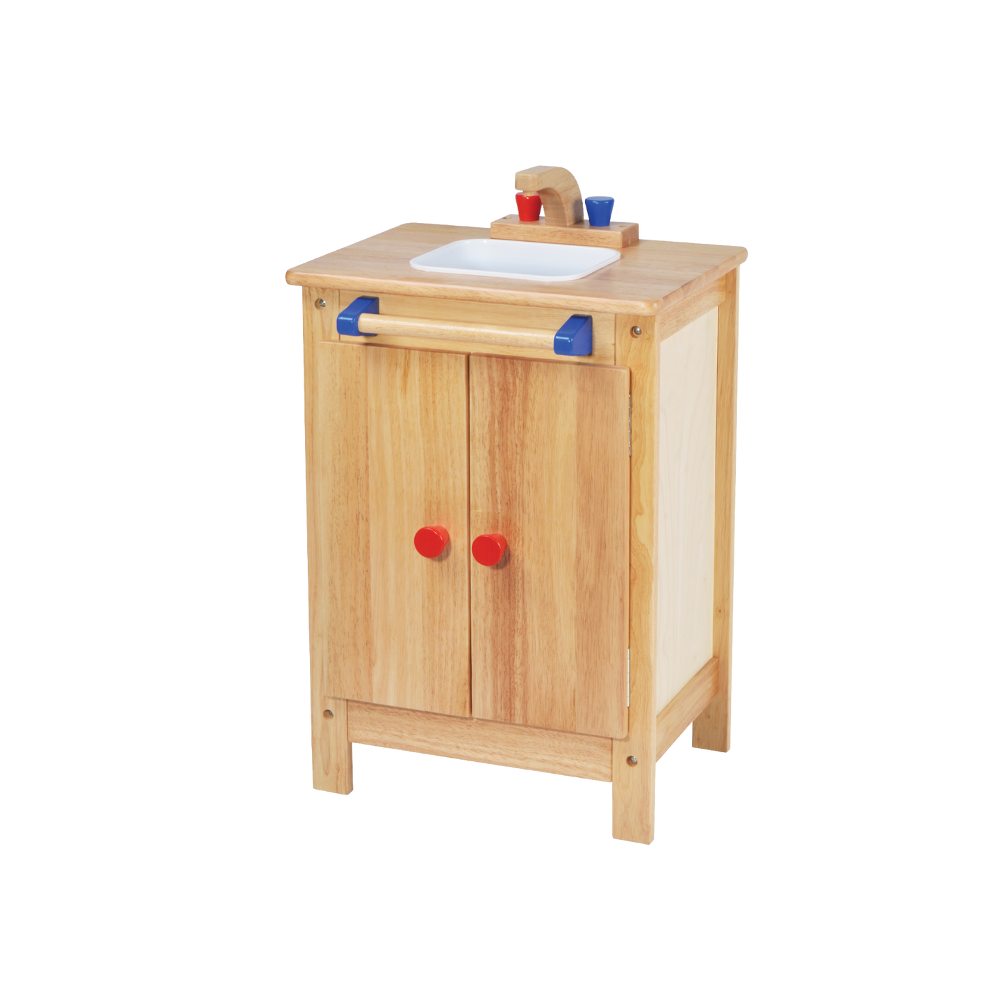 Children's toy sink unit made of wood with a towel rack, sink with faucet, and storage shelf underneath.