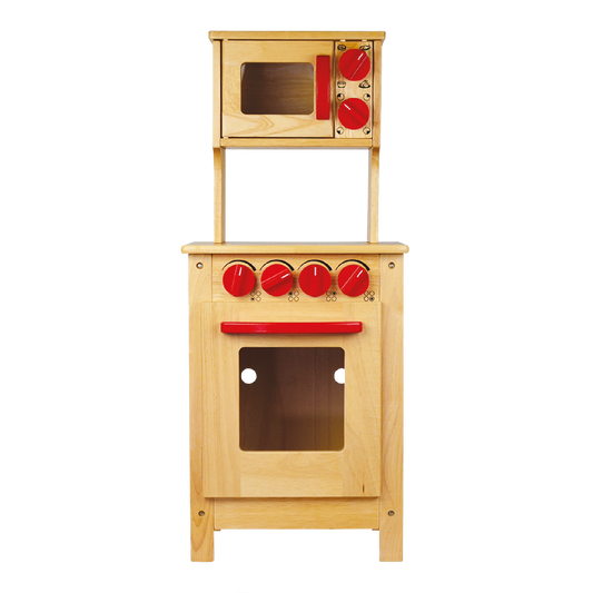 Microwave oven above stove with oversized handles and clear window for easy access and viewing.