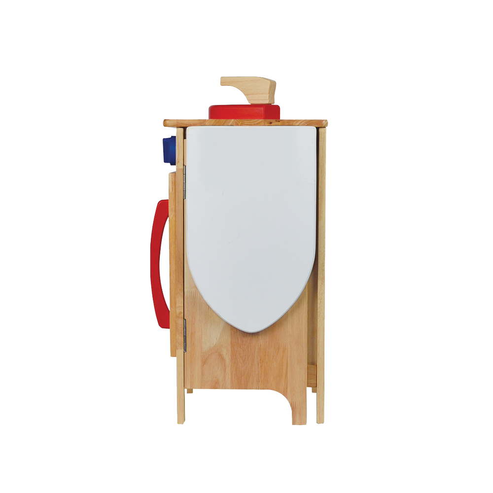 Wooden toy washing machine with a red door, blue knobs, and a play iron on top.