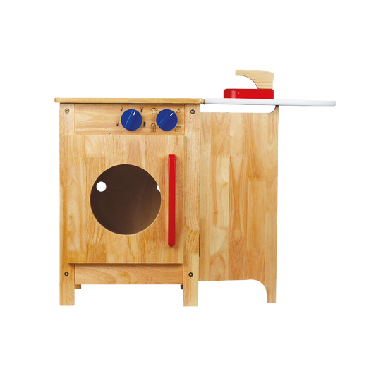 Wooden toy washing machine with a red door, blue knobs, and a play iron on top.