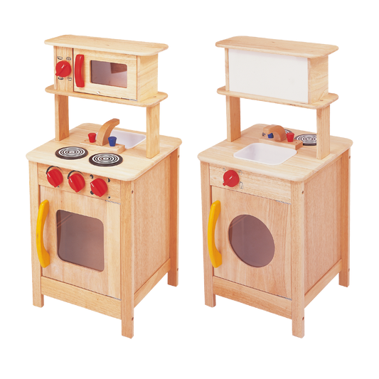 Children's wooden toy kitchen set featuring a stove, oven, microwave, sink, and dry-erase board.