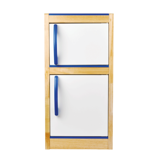 Children's toy refrigerator with a wooden frame and blue handles.