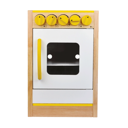 Children's toy stove with white body, wooden details and yellow accents including knobs and handle.