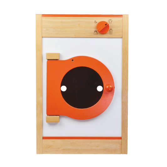 Children's toy washing machine with a see-through door and a moveable knob, primarily in orange and white colors.