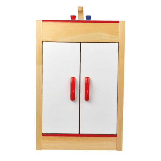 Children's toy sink with white cabinet doors, red handles, and a wooden frame.