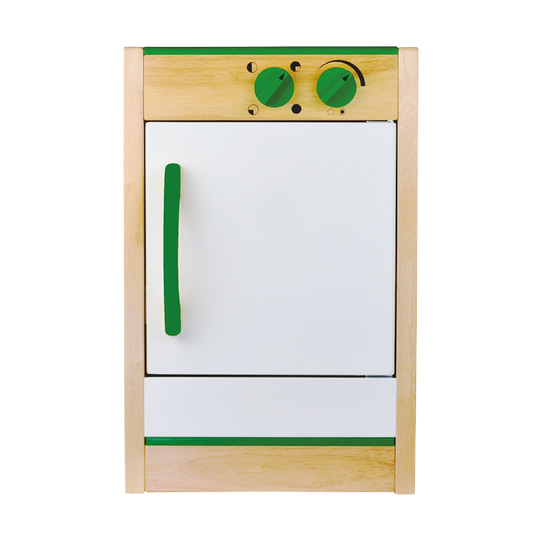 A wooden toy dishwasher with a white front panel, green accents, and an oversized handle.
